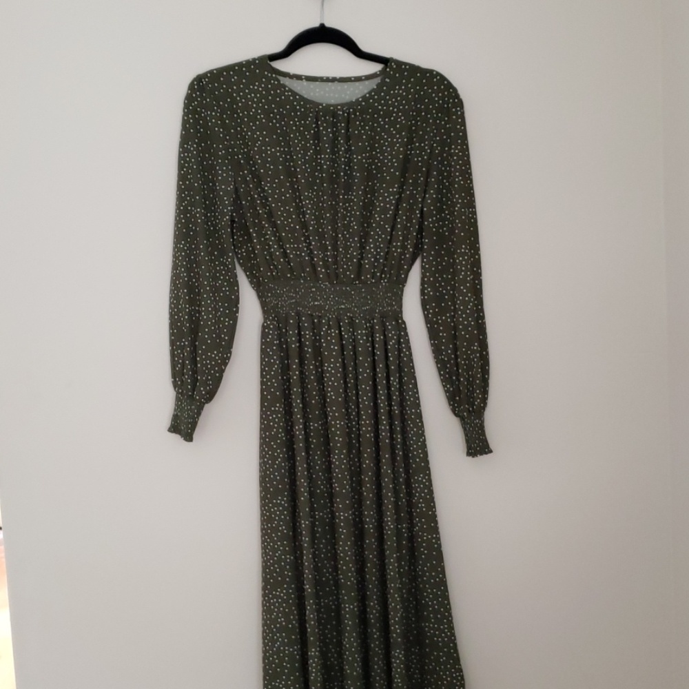 Olive Green Polka dotted long sleeve dress